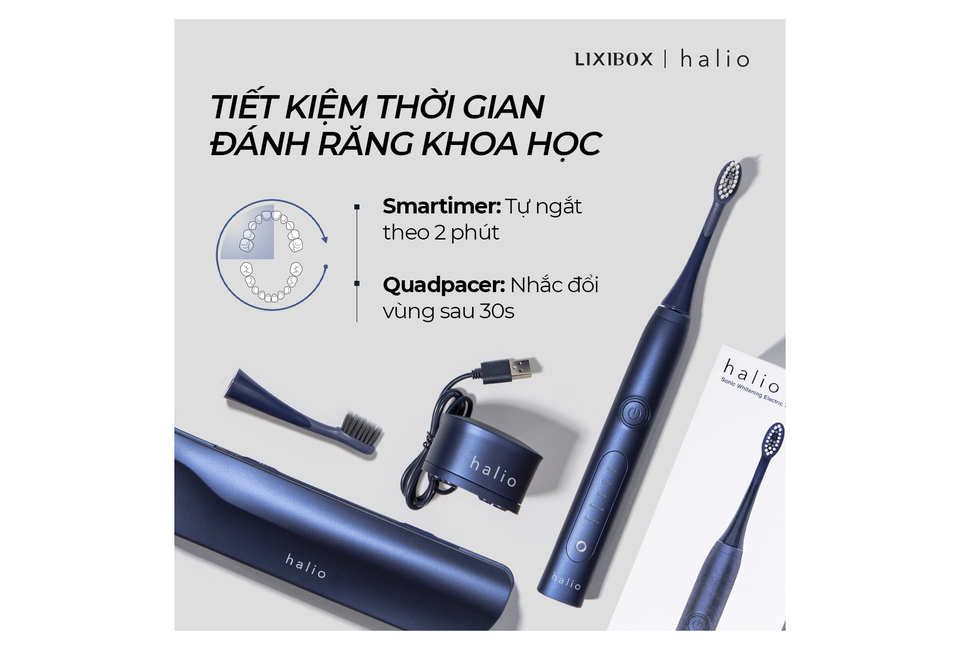 Combo Bàn chải đánh răng điện Halio Toothbrush - Midnight Blue & set đầu bàn chải thay thế