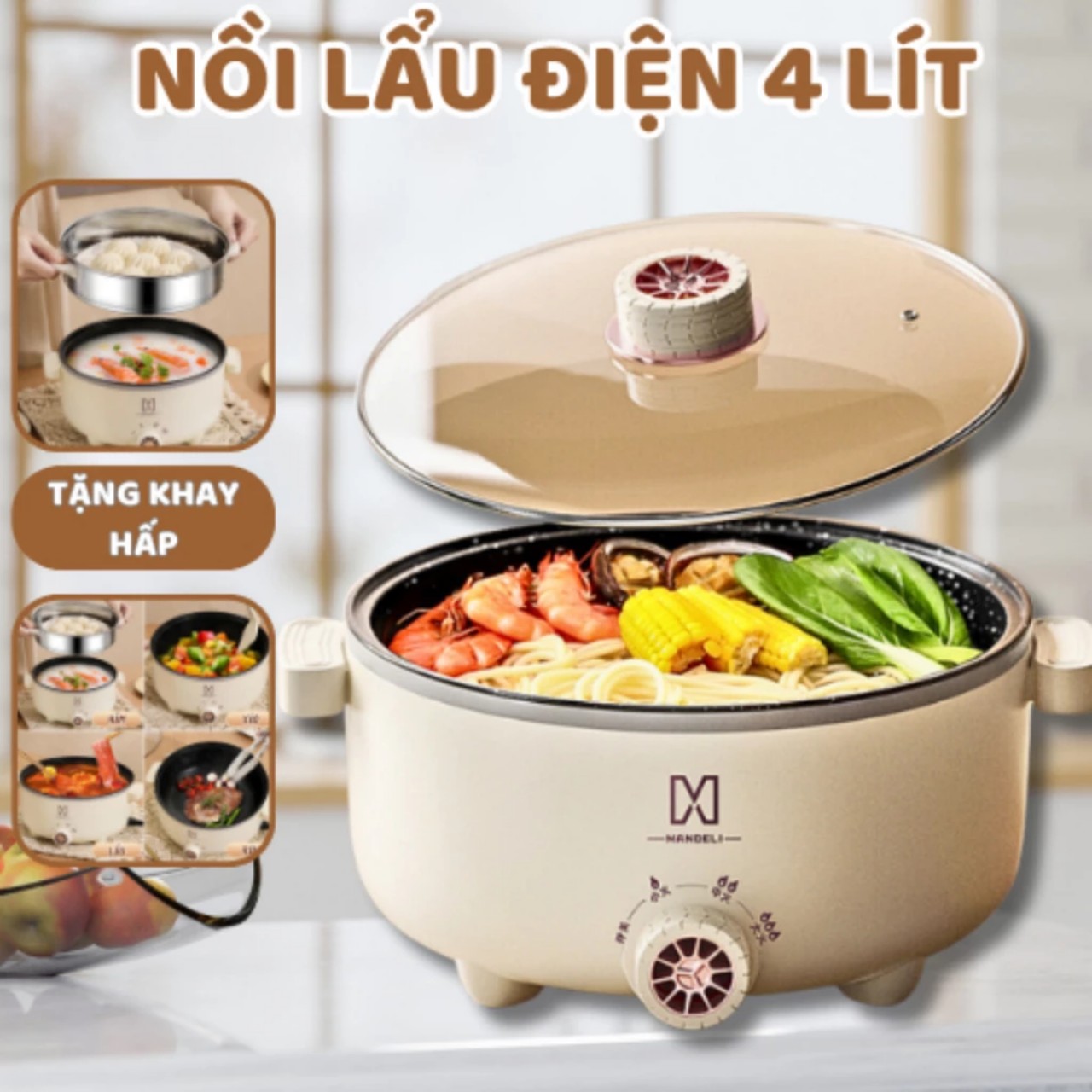 Nồi Lẩu Điện Đa Năng Mini Chống Dính Vân Đá Cao Cấp Công Suất 1000W, Nồi Điện Đa Năng Kèm Xửng Hấp Inox 28cm Dung Tích 4L Phù Hợp Cho Gia đình -Hàng Chính hãng MINIIN