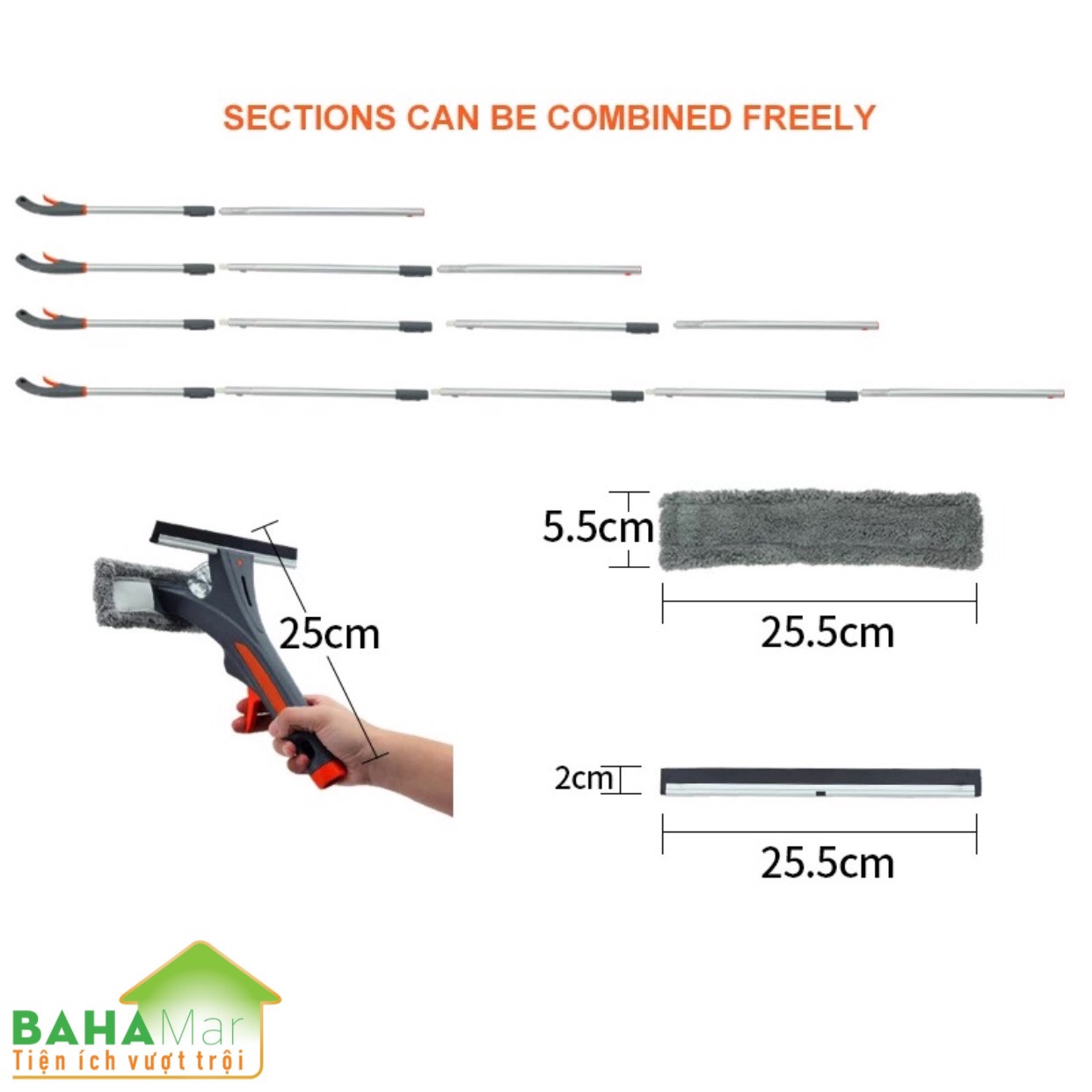 CÂY LAU KÍNH 3 TRONG 1 BAHAMAR rất tiện dụng khi tích hợp cả bình xịt gắn vào đầu cây lau có gạt kính và bông lau đồ