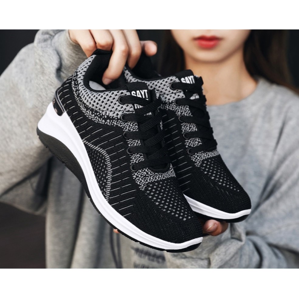 Giày thể thao nữ đế cao 5cm Sans260 màu hồng đen fullbox sneaker đẹp cá tính bigsize big size 40 41 êm chân thoáng khí