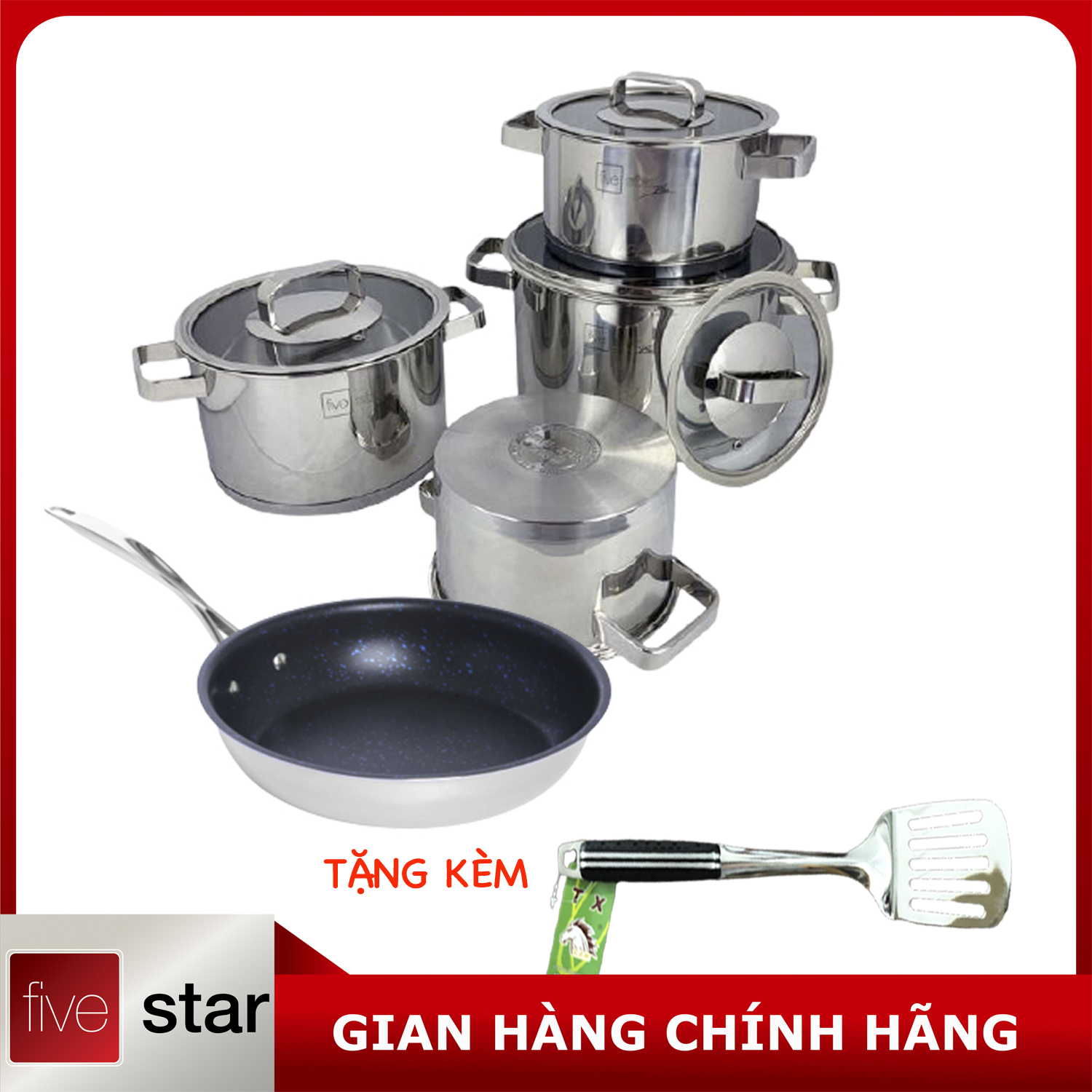 Bộ nồi và chảo chống dính vân đá inox 304 cao cấp Fivestar Plush 5 món nắp kính , tặng 1 sạn inox