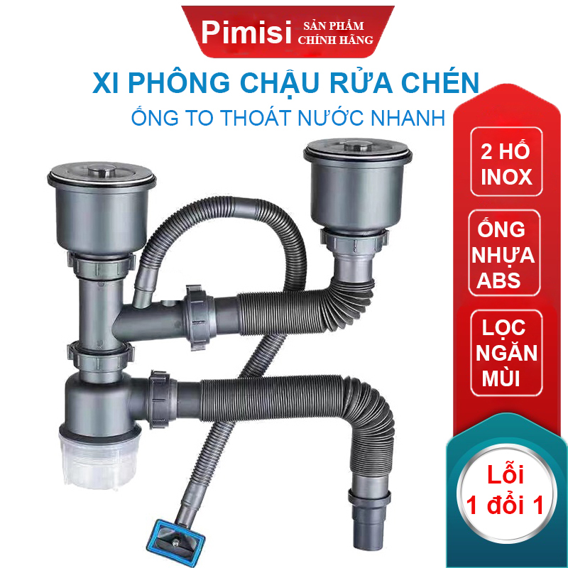 ﻿Xi Phông Chậu Rửa Chén Bát 2 Hốc Phi 110 Pimisi Cao Cấp Đầu Bầu Inox 304 - Dùng Để Xả Thải Nước Chậu Rửa Bát Đôi Dập Đúc Loại Ống Thải Nước To Bằng Nhựa Chun Uốn, Bầu Chống Mùi Hôi Và Giảm Dầu Mỡ Xuống Ống Dẫn - Có Đầu Thoát Tràn | Hàng Chính Hãng