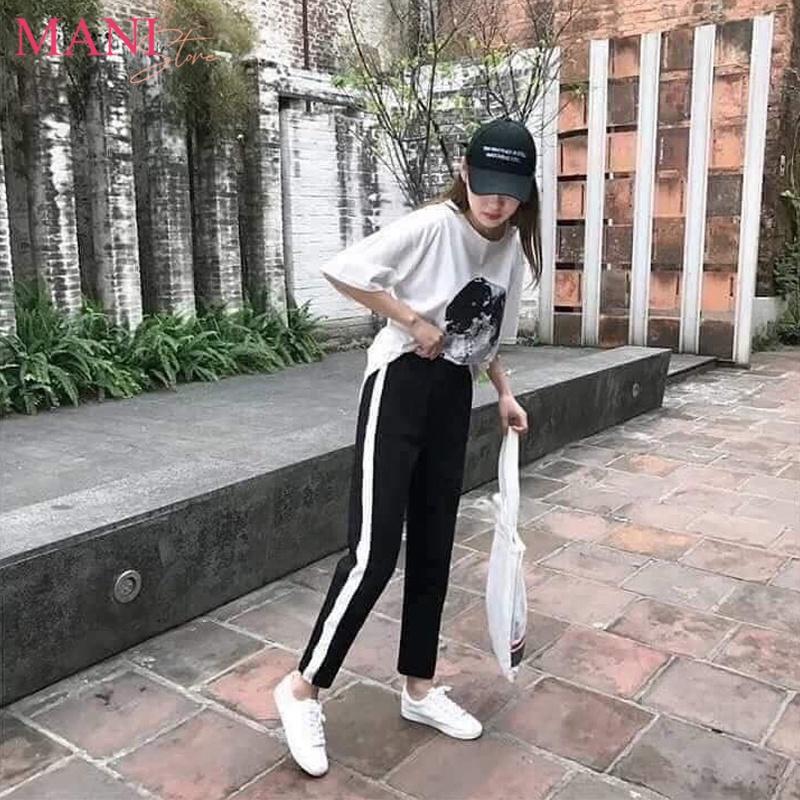 Quần thể thao nữ dài 1 sọc to trắng dáng baggy có túi vải Umi - Quần Jogger dây rút nữ cạp chun màu Đen đi học thể dục