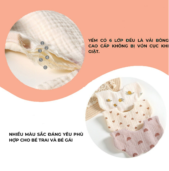 Yếm cổ tròn xoay 360 độ cho bé chất liệu muslin 100% cotton cao cấp