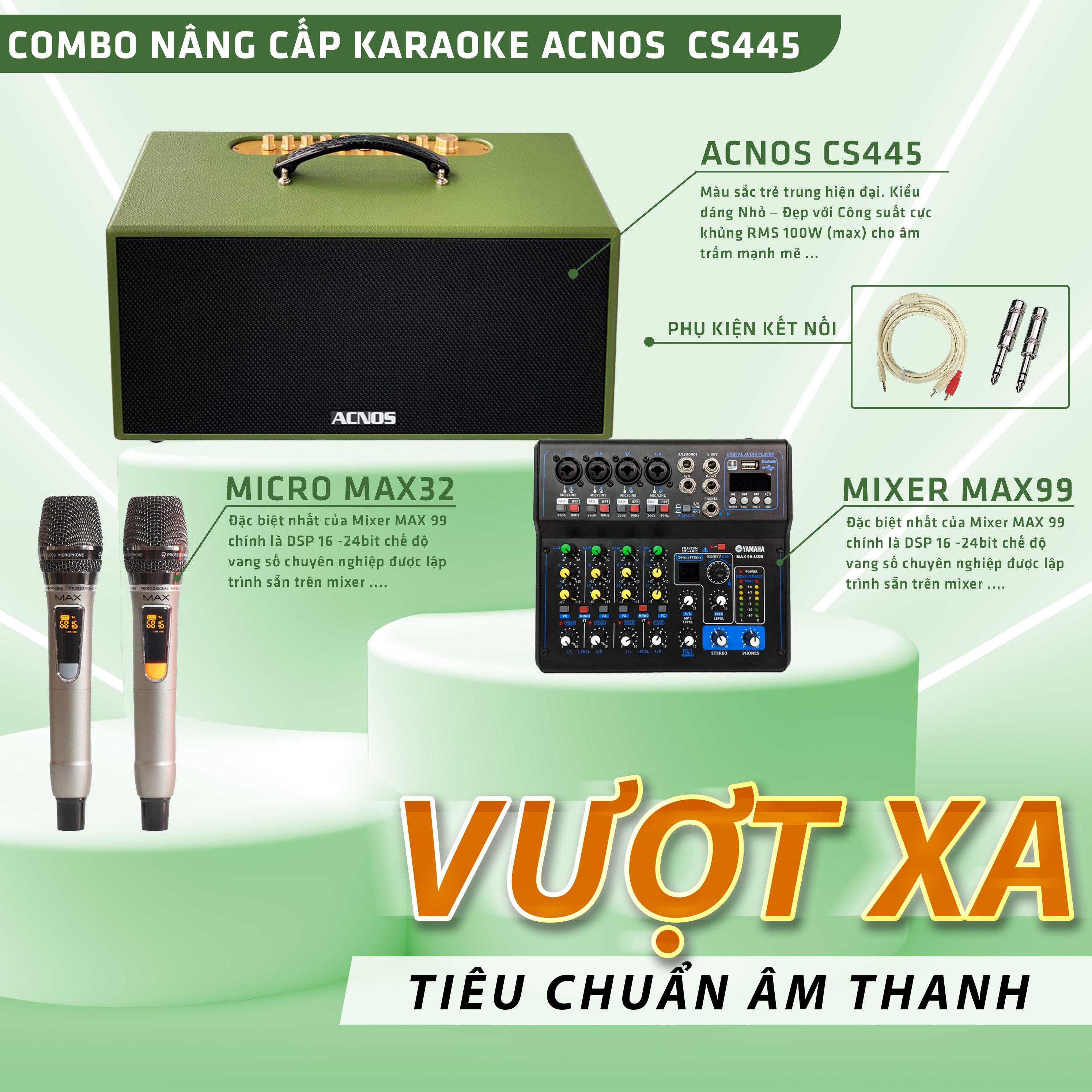 Combo loa kéo CS445, Mixer Max 99, Micro Max 32 - Kết hợp hoàn hảo nâng cấp âm thanh, cải thiện giọng hát một cách tối ưu nhất - Tặng kèm dây kết nối 3.5 ra hoa sen và 2 jack hoa sen ra 6 ly - Hàng chính hãng