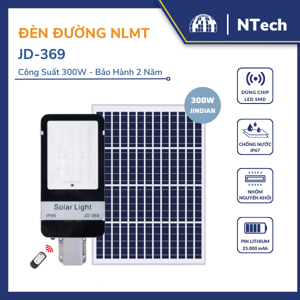 Đèn đường năng lượng mặt trời Jindian JD-369 Công suất 300W Khung Nhôm, Chip Led 