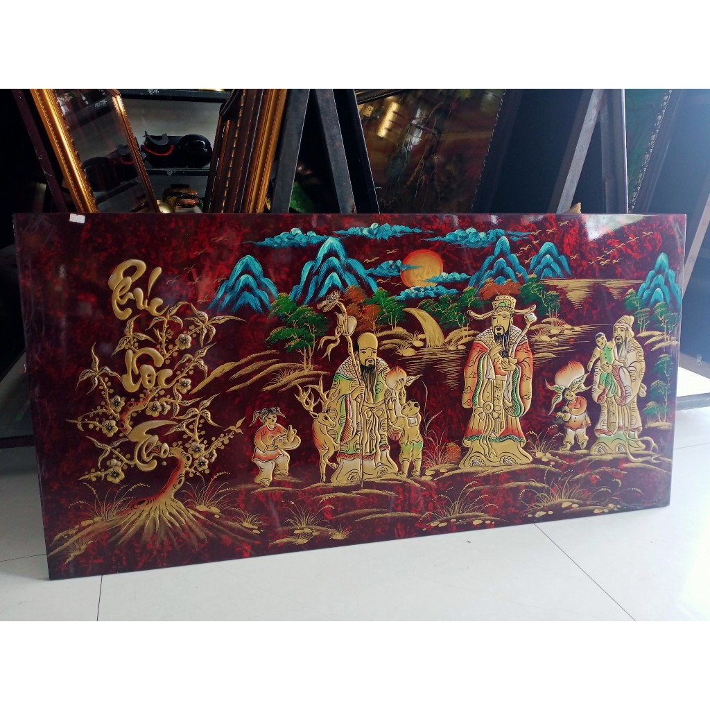 Tranh sơn mài Phúc Lộc Thọ đắp nổi hàng xuất khẩu 60x120 cm trang trí nhà cửa, quà tặng tân gia, chúc Thọ ý nghĩa