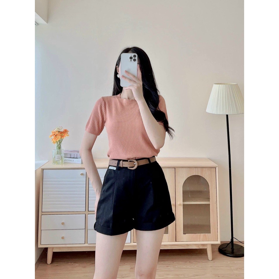 Áo Len Tăm Thời Trang Nữ Cổ Tròn Ngắn Tay Hàng Quảng Châu Co Giãn Siêu Đẹp