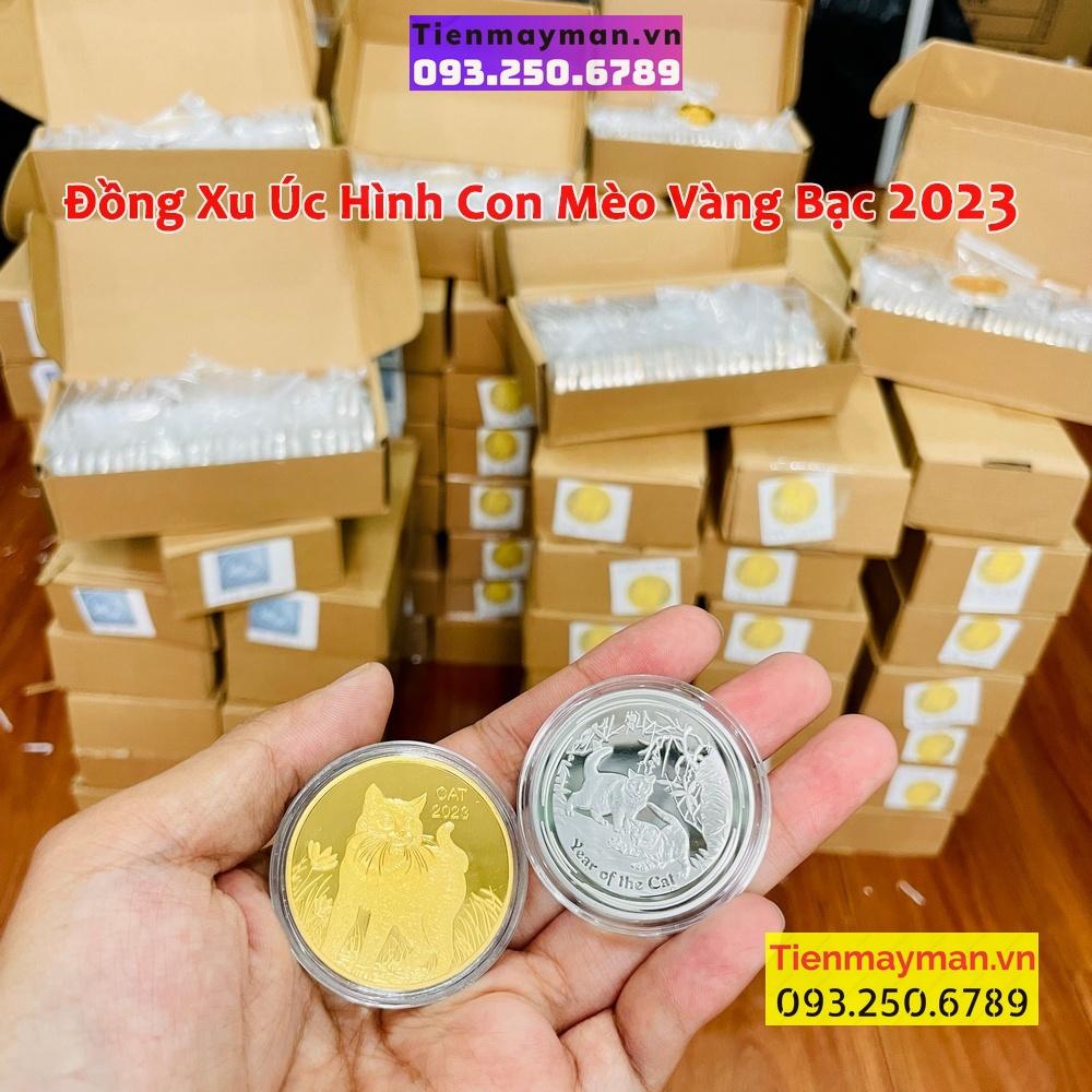 Cặp 2 Móc khóa Đồng Xu Hình Con Mèo Vàng Bạc của Úc