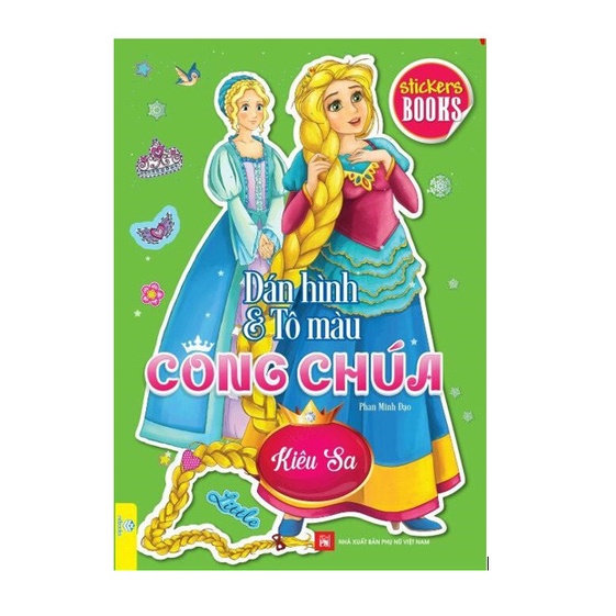 Sách - Combo 6 cuốn Dán hình và tô màu Công Chúa và Bộ 12 búp sáp màu School Quality - ndbooks