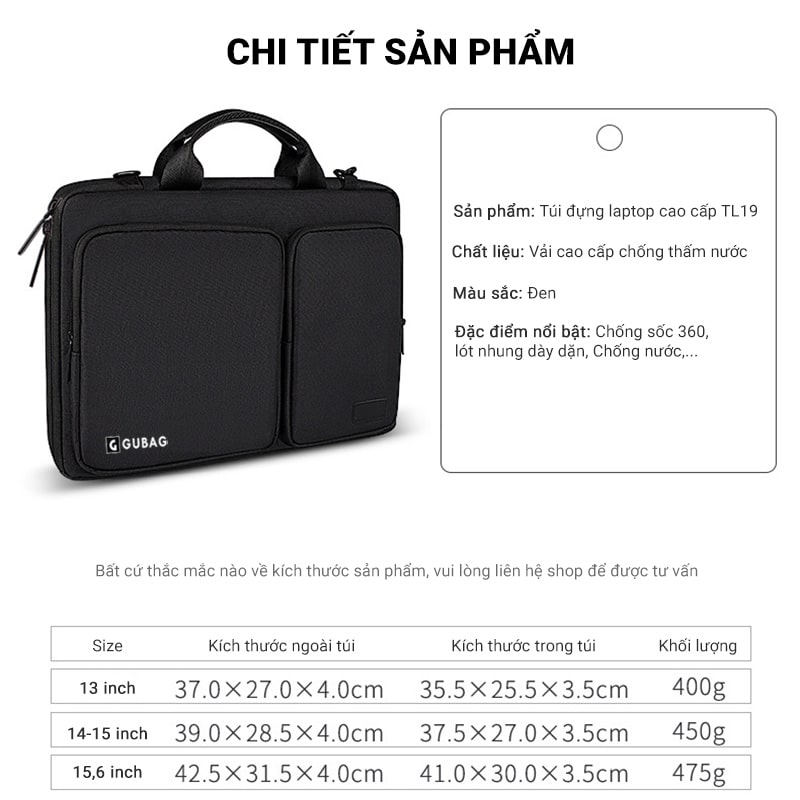 Cặp đựng laptop 14 inch cao cấp GB-TL19 công sở nhiều ngăn, chống sốc, chống nước, có dây đeo chéo cực kì tiện lợi