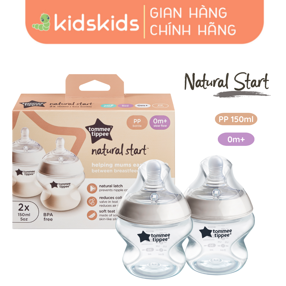 Bình Sữa Ty Siêu Mềm Tự Nhiên Tommee Tippee Natural Start 150ml, Núm Ty Đi Kèm 0-3 Tháng (Bình đôi)