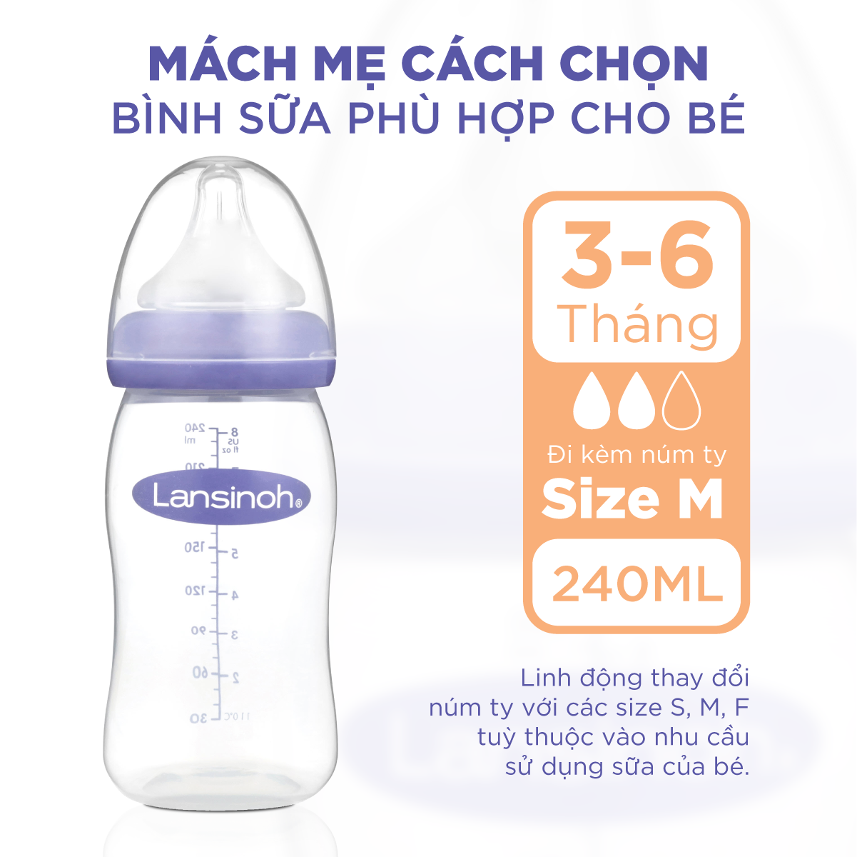 Bộ Đôi Bình Sữa Cổ Rộng Lansinoh Dung Tích 240ml + Núm Ty Size F