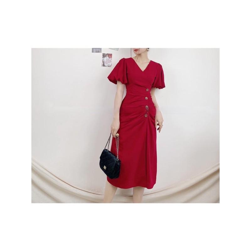 Đầm tay bồng cổ V 4 nút siêu xinh TKN