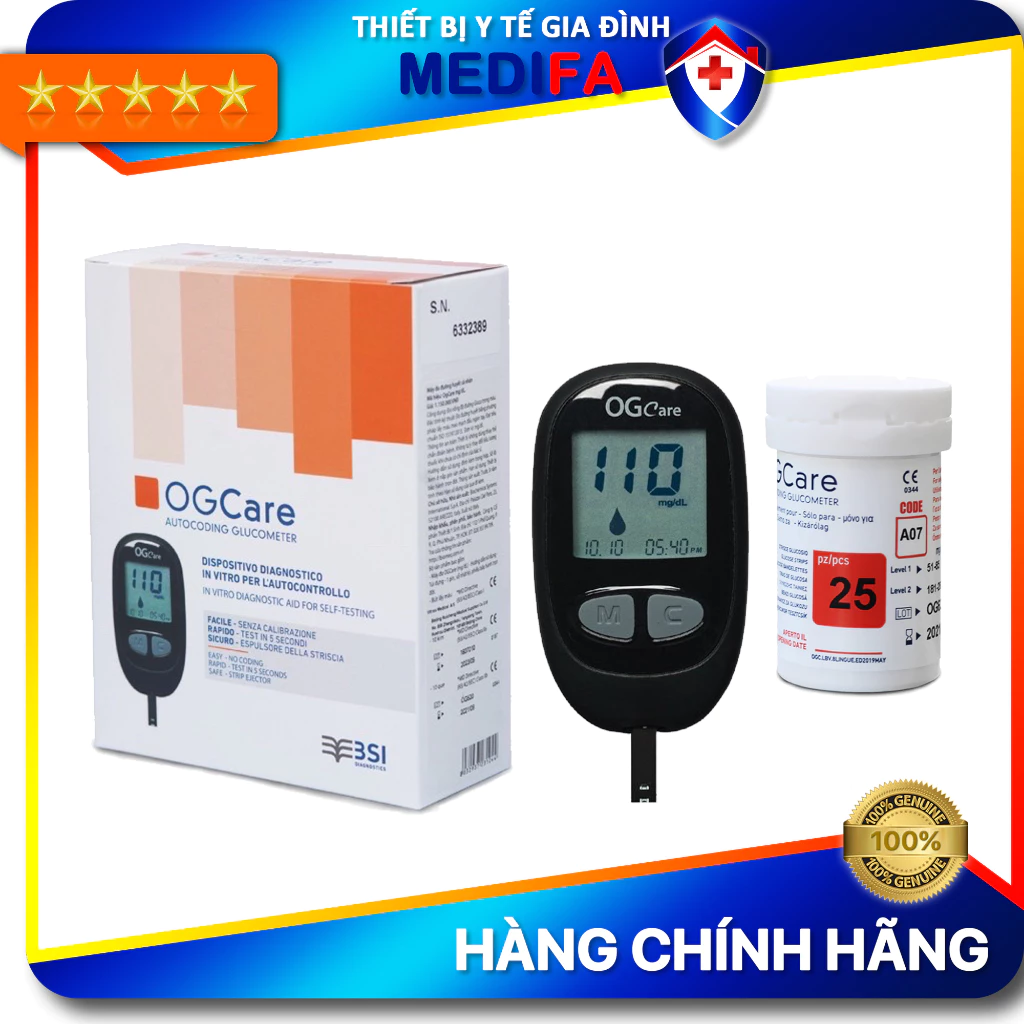Bộ máy đo đường huyết OG Care (sản xuất tại Ý) tặng hộp 25 que thử