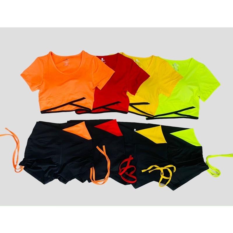 Set bộ đồ tập áo croptop vạt chéo quần đùi rút dây cạp V phối màu tạp gym,yoga,nhảy Zumba, aerobic,đi bơi đi biển nữ