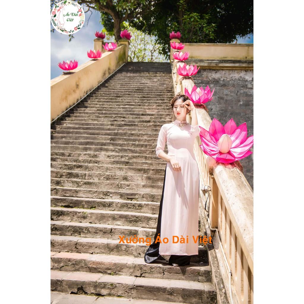 Áo Dài Hồng Đắp Hoa Ruy Băng - Áo Dài 4 Tà - Áo Dài Việt Hàng Lụa Chất Lượng