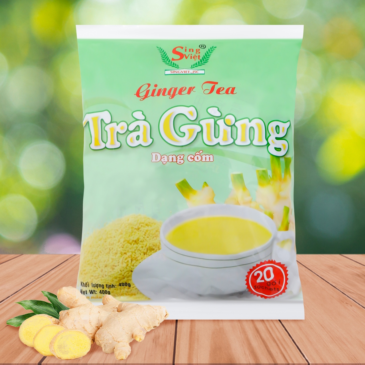 Trà gừng bịch xanh cốm 400gram Sing Việt