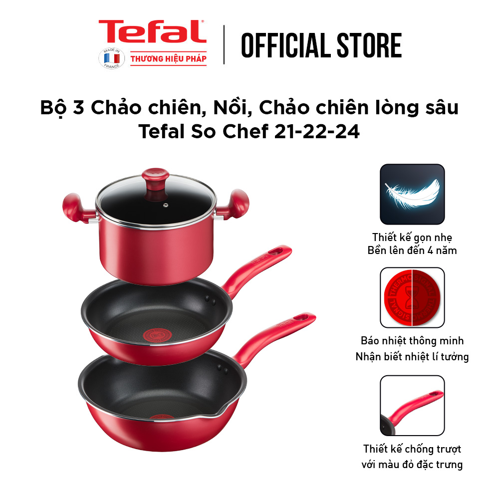 Bộ 3 nồi chảo chống dính đáy từ Tefal So Chef dùng cho mọi loại bếp (Nồi 22cm, chảo 21cm &amp; 24cm) Hàng chính hãng