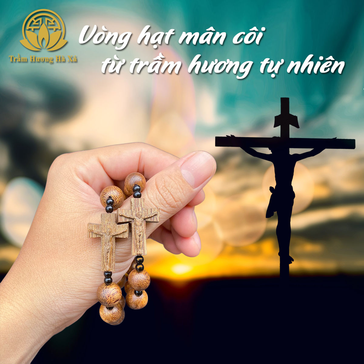 Hình ảnh Vòng mân côi Công Giáo phong thủy 10 hạt trầm hương HÀ XÁ vòng đeo tay nam nữ may mắn tài lộc