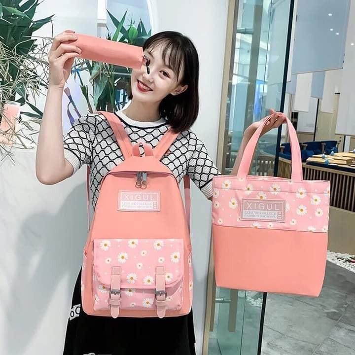 Set balo thời trang, balo ULZZANG hoa cúc 3 món - BL211, vải chống thấm nước