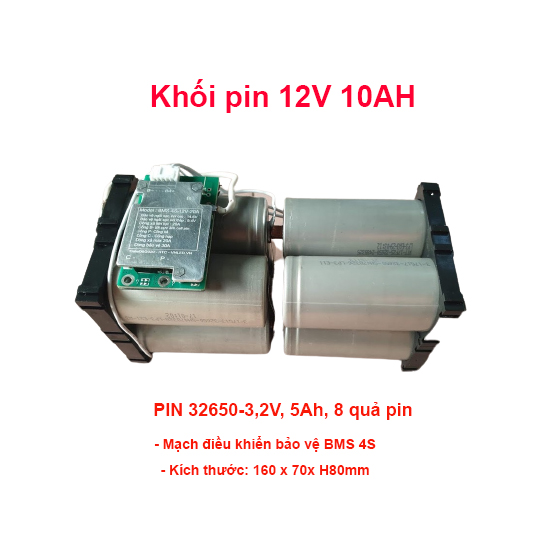 Khối Pin 12v 12Ah, Pin  sắt, 8 viên pin 32650, mạch bảo vệ BMS 4S