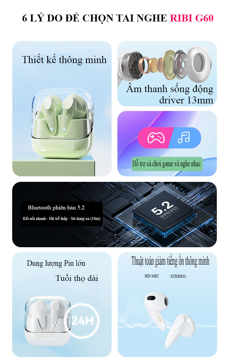 Tai Nghe Bluetooth RiBi G60 - Âm thanh cực hay - Pin trâu đến 8h - Sạc nhanh Type - C - Mẫu mã cực đẹp -  Hàng chính hãng