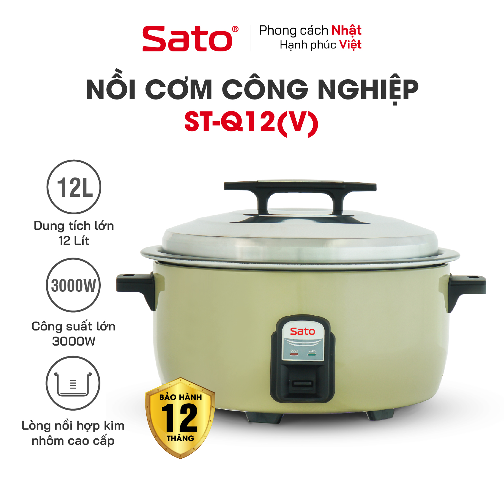 Nồi cơm điện công nghiệp SATO 120C011/Q12 (V) 12 Lít (Quà tặng: 1 Ấm siêu tốc SATO 1.8L) - Miễn phí vận chuyển toàn quốc - Hàng Chính Hãng