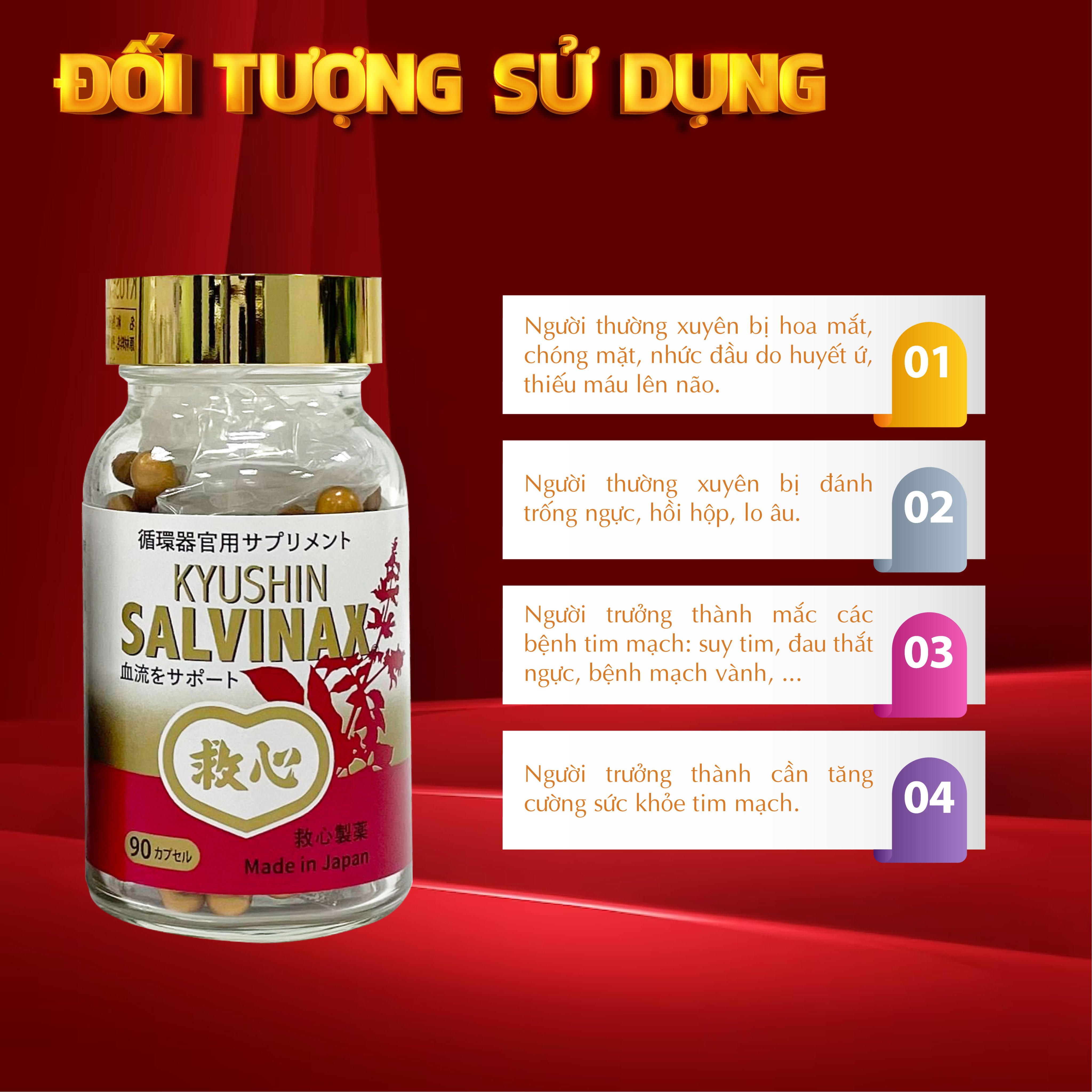 Viên Uống Bổ Tim Mạch Nhật Bản - Viên Cứu Tâm Kyushin Salvinax 90 Viên - Thực phẩm chức năng hỗ trợ bệnh tim mạch, bổ tim, tăng cường tuần hoàn máu