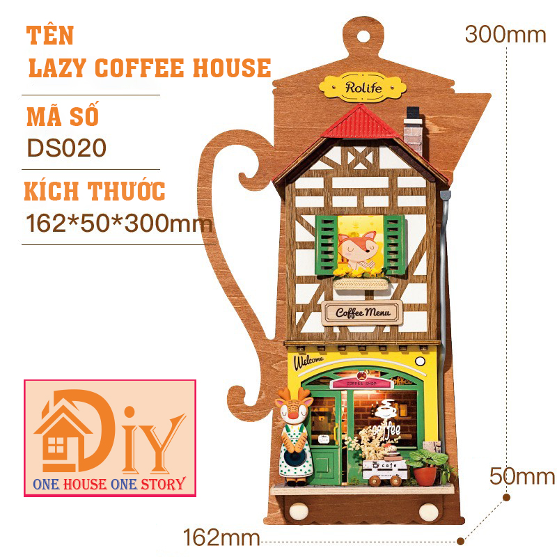 [Bản tiếng Anh]Nhà búp bê bằng gỗ Treo tường tự lắp ráp Lazy Coffee House DIY- Quà tặng sinh nhật giáng sinh trang trí nhà cửa