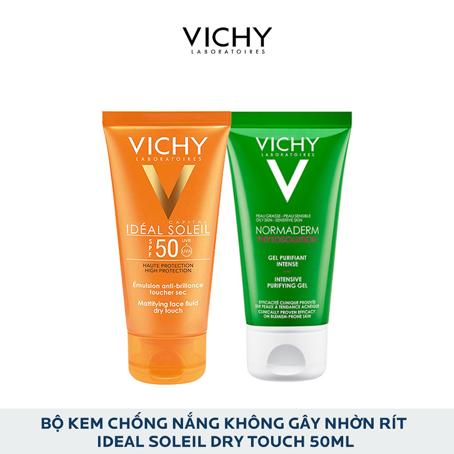 Bộ Kem Chống Nắng Không Gây Nhờn Rít Vichy Ideal Soleil Dry Touch 50Ml Và Gel Rửa Mặt Normaderm Phytosolution 50Ml