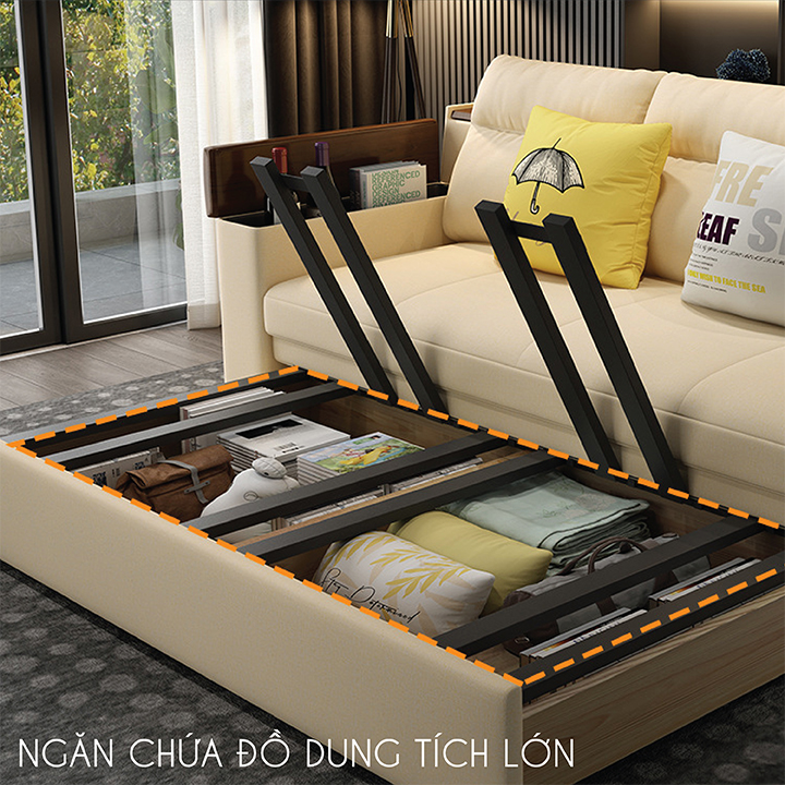 Giường Sofa Thông Minh, Vải Nano Tay Gỗ Óc Chó Cao Cấp Có Cổng Sạc Tiện Lợi - Sofa Gấp Gọn Đa Năng Phong Cách Châu Âu