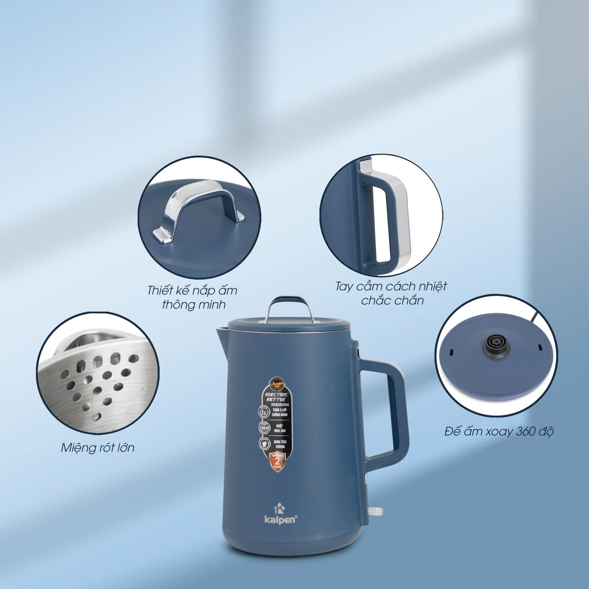 Âm đun nước siêu tốc Inox 304 Kalpen KK93 dung tích 1.8L công suất 1800W - Hàng chính hãng