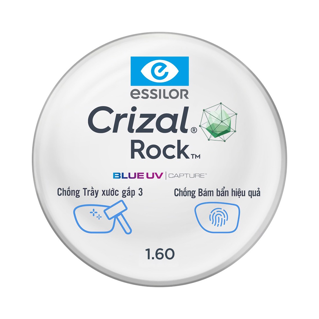 Tròng Essilor Crizal Rock chống ánh sáng xanh bảo vệ mắt khi ngồi máy tính điện thoại cho tầm nhìn trong suốt độ bền cao (1 cặp)