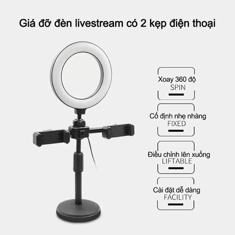 Giá Đỡ 2 Điện Thoại Livestream Có Đèn Led, Kẹp Điện Thoại Để Bàn Quay Video Tiktok Có Đèn Led 3 Màu - Có Video, Ảnh Thật