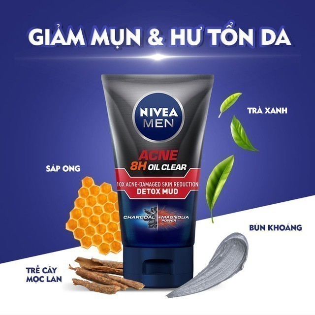 Sữa Rửa Mặt Nivea Men Detox Mud Giúp Giảm Mụn & Hư Tổn Da 100g