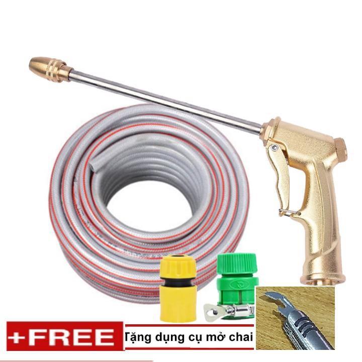 Bộ dây vòi xịt nước rửa xe, tưới cây . tăng áp 3 lần, loại 20m 206701-3 đầu đồng,cút,nối vàng+ tặng mở chai