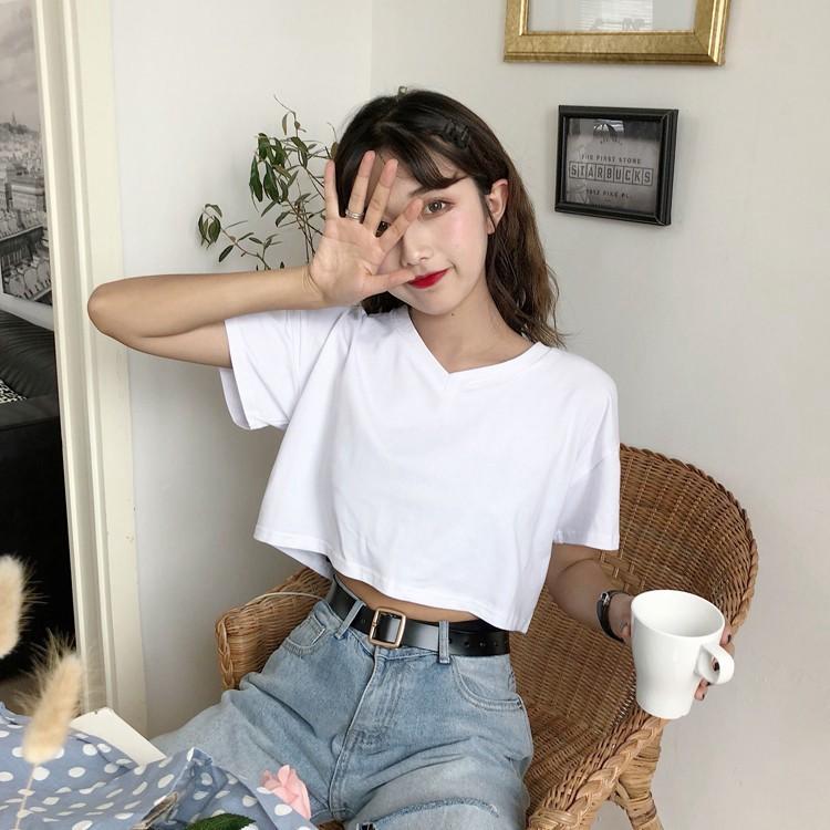 HÀNG CAO CẤP -  Áo Thun Croptop Cổ Tim Áo Croptop Nữ Cổ V Tay Lỡ Form Rộng Chất Cot