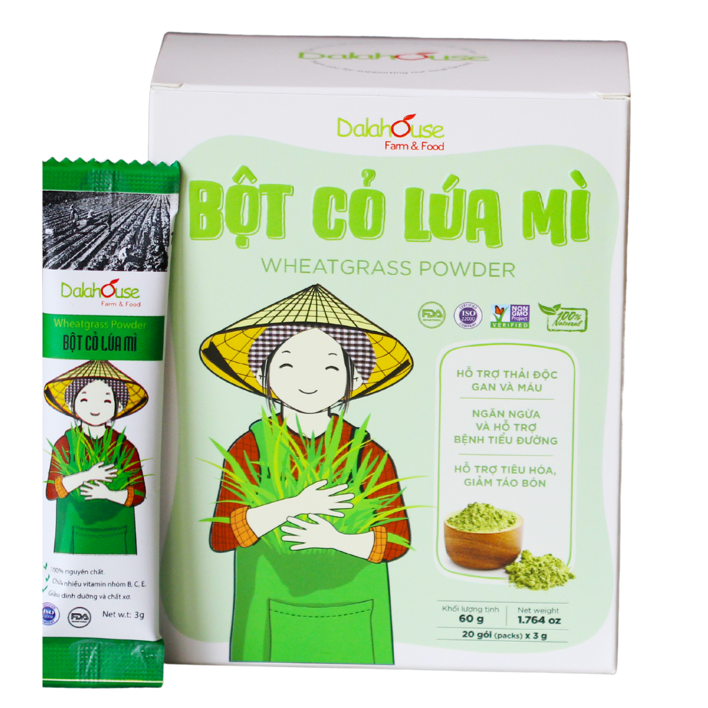 Bột cỏ lúa mì hữu cơ sấy lạnh Dalahouse - Hộp 20 gói 3gr tiện lợi - Hỗ trợ thải độc Gan và Máu, Ngăn ngừa và hỗ trợ tiểu đường, Hỗ trợ tiêu hóa, giảm táo bón