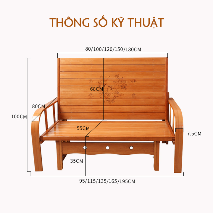 Giường tre gấp thành ghế sofa tặng nệm gối 120x190cm