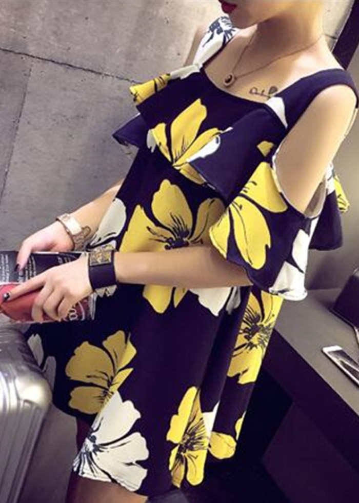 Đầm Xòe Dạo Phố, Đầm Xòe Trễ Vai, Đầm In Hoa