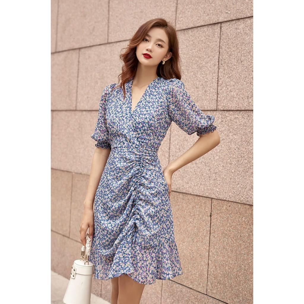 ĐẦM BODY HOA TÍM NHÚN RÚT THÂN CỔ V TAY LỠ DÁNG XÒE