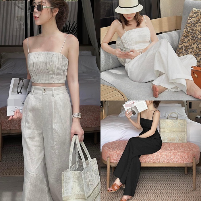 SET ÁO CROPTOP 2 DÂY CỔ U ÔM BODY XẾP LY + QUẦN ỐNG RỘNG LƯNG CAO SUÔNG TRƠN ĐI BIỂN ĐI CHƠI DẠO PHỐ ĐI TIỆC