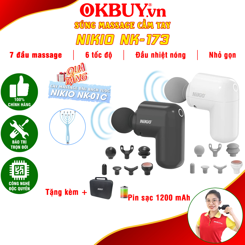 Súng Massage Cầm Tay Mini Nikio Nk - 173 - 6 Đầu Chuyên Dụng 1 Đầu Nhiệt Nóng - Mát Xa Hỗ Trợ Giảm Đau Nhức Và Giãn Cơ Toàn Thân - Phù Hợp Mọi Đối Tượng, Siêu Nhỏ Gọn - Màu Trắng