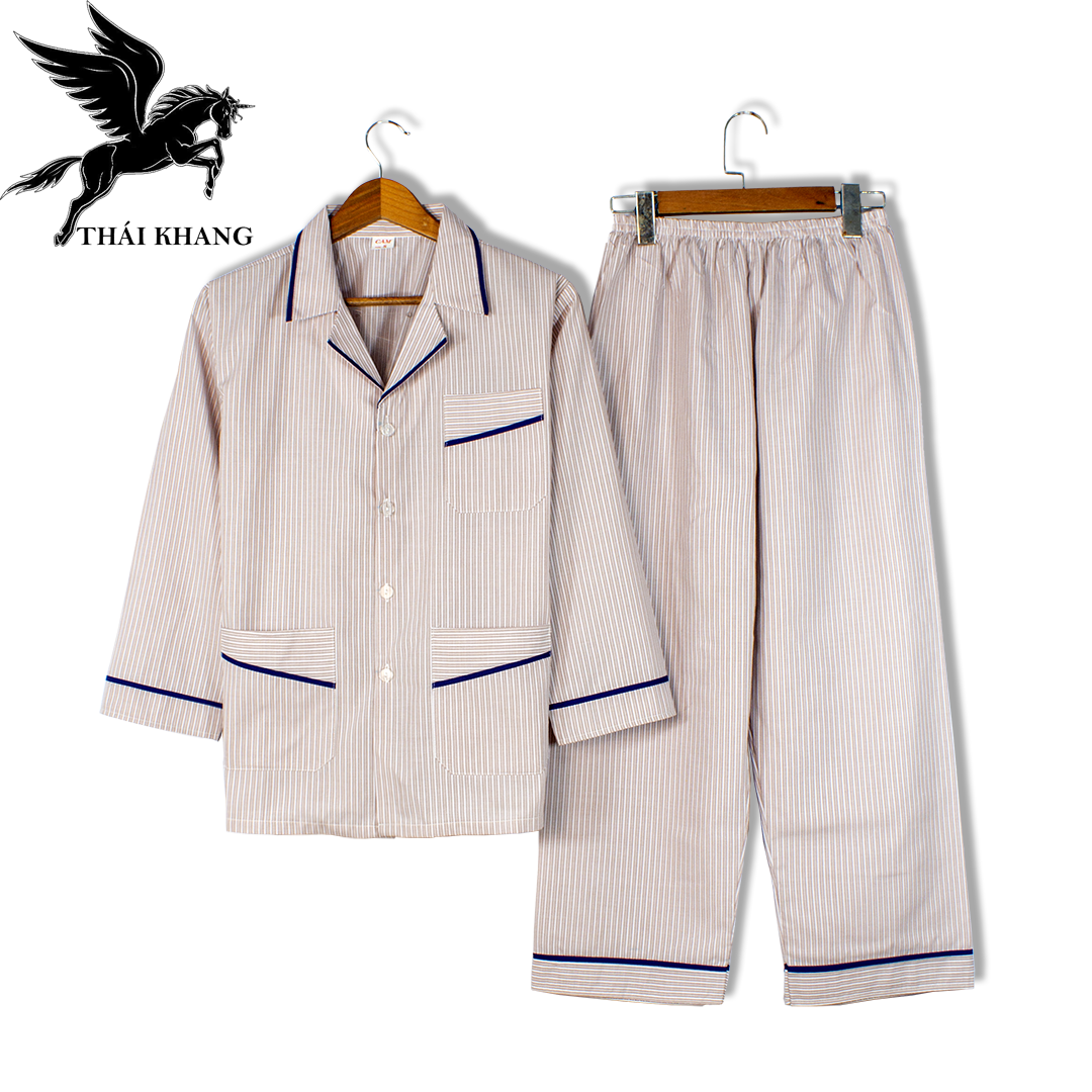 Bộ pijama nam dài tay trung niên vải cotton mặc mát thoải mái cho người già loại bộ đồ trung niên pijama mặc nhà loại sọc (Giao ngẫu nhiên)