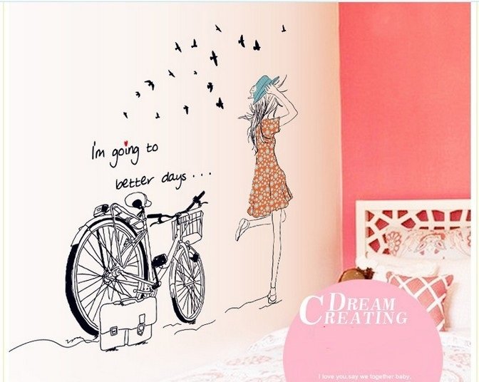 Decal dán tường xe đạp và cô gái lãng mạn