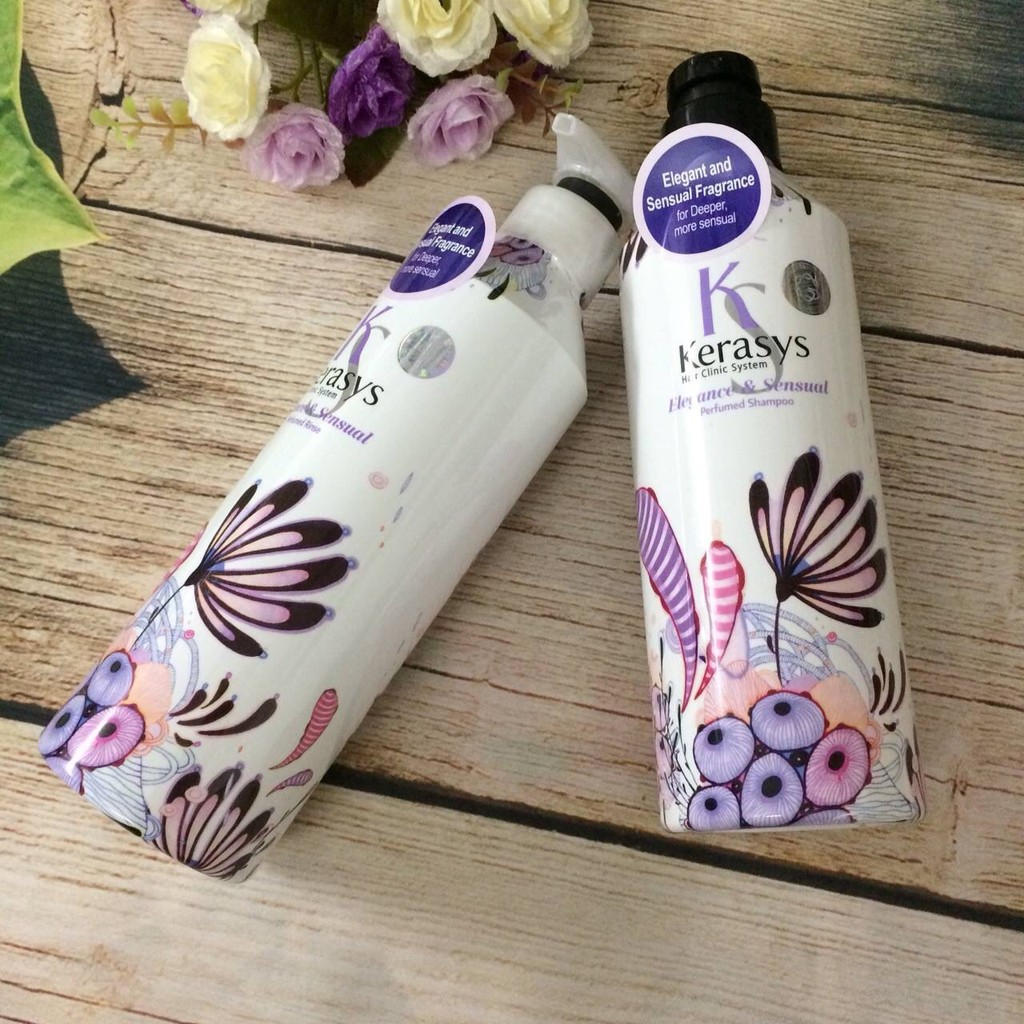 Bộ dầu gội/xả nước hoa Kerasys Elegance &amp; Sensual hương violet và xạ hương Hàn Quốc 600ml + Móc khoá