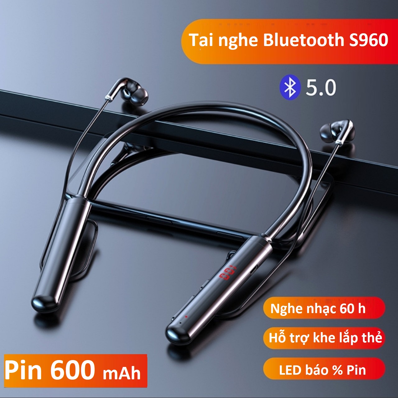 Tai Nghe Bluetooth S960 Mới Âm Thanh Nổi 9D Hifi, Tai Nghe Thể Thao Quàng Cổ, LED Hiển Thị Pin, Hỗ Trợ Khe Lắp Thẻ TF Chơi Nhạc