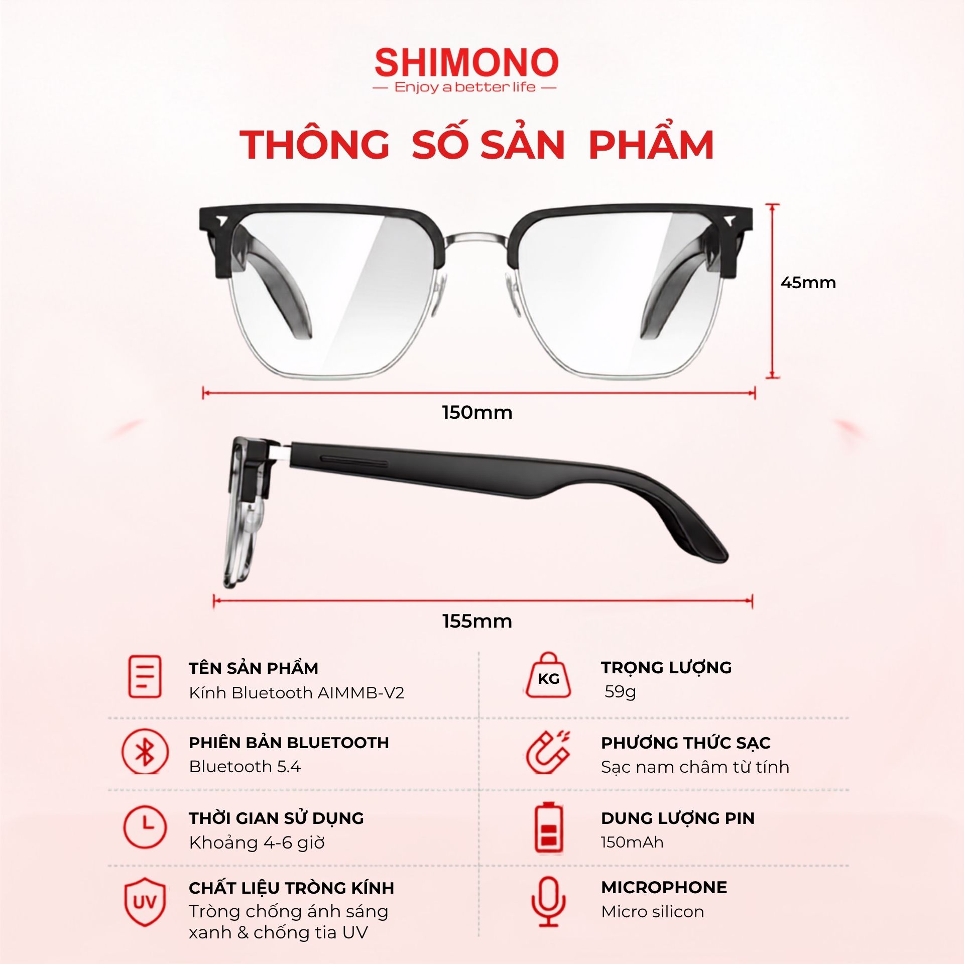 Kính Bluetooth SHIMONO AIMB V3 Nghe Nhạc Open Ear, Đàm Thoại Rảnh Tay, Chụp Ảnh Từ Xa, 2 Tròng Thay Hàng Chính Hãng