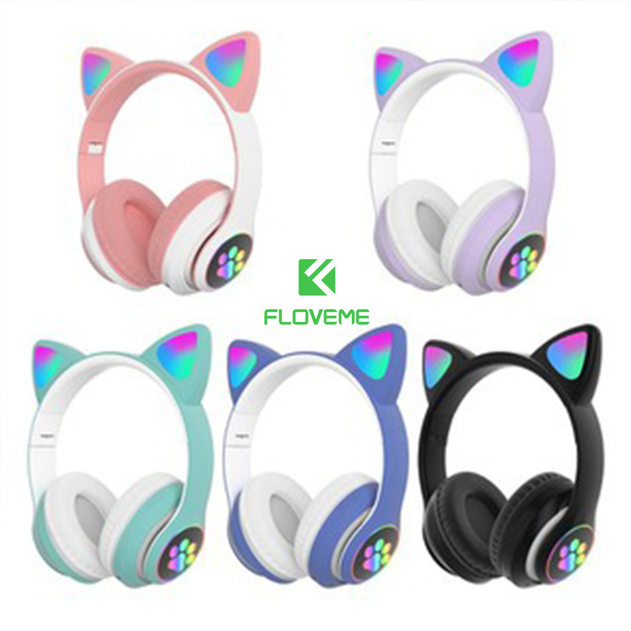 Tai nghe mèo FLOVEME VZV 23M – Có đèn led – Kết nối bluetooth 5.0 - headphone có micro – hỗ trợ điều chỉnh âm lượng – Có cổng AUX - Hàng chính hãng